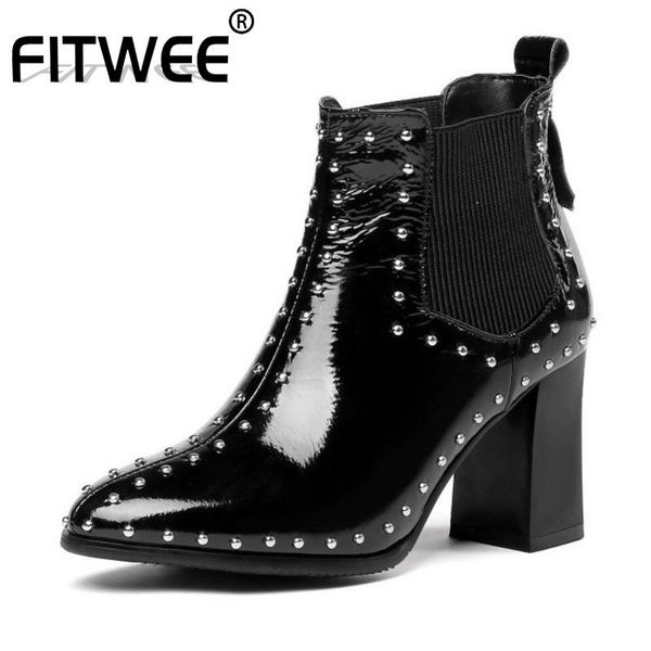 

boots fitwee women rivets ankle real leather slip on fashion office work winter shoes pointed toe botas size 31-43, Black