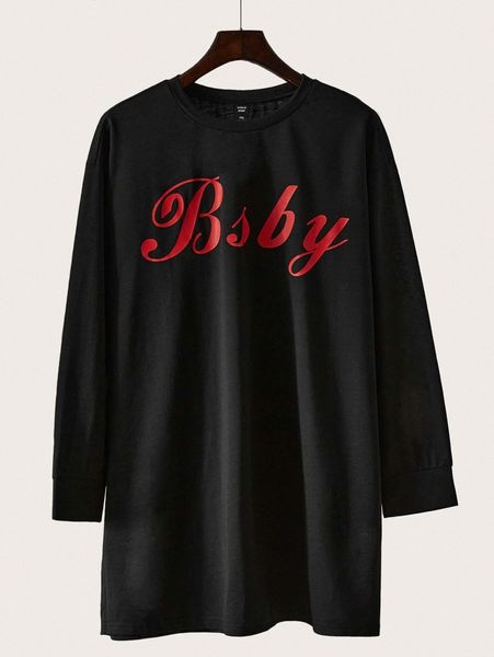 

plus letter graphic drop shoulder longline sweatshirt i9sl#, Black