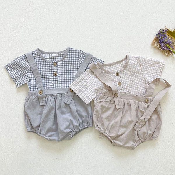 

clothing sets summer infant baby boys girls grid short sleeve t-shirt + braces shorts suit kids boy girl clothes, White