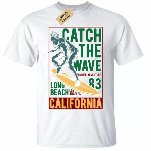 

Catch the Wave T-Shirt Mens surfer surfing beach california top, White;black