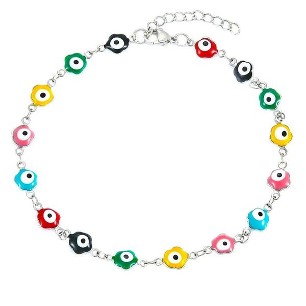 

charm bracelets 6.5mm flower stainless steel ankle bracelet gold overlay with colorful mini evil eye style adjustable extender, Golden;silver