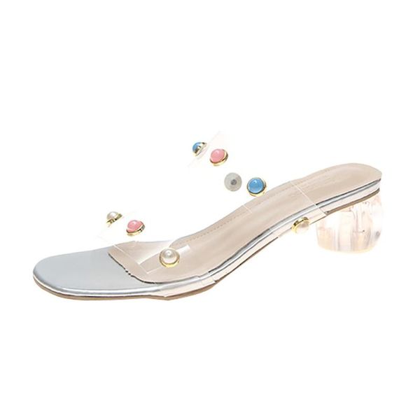 

sandals woman shoes solid transparent pearl slip-on soft bottom outside noble wild mid heel women summer, Black