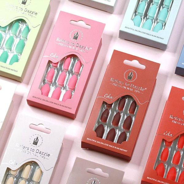 

false nails 24pcs/set matte color almond/stiletto design full cover press on with jelly glue nail tips art decor, Red;gold