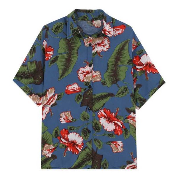 

perhaps u hawaii blue pink floral print flower turn down collar short sleeve shirt women button summer b0099 210529, White