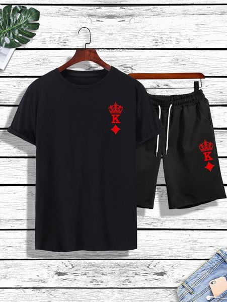

men playing card print tee & drawstring waist shorts h7zg#, Gray