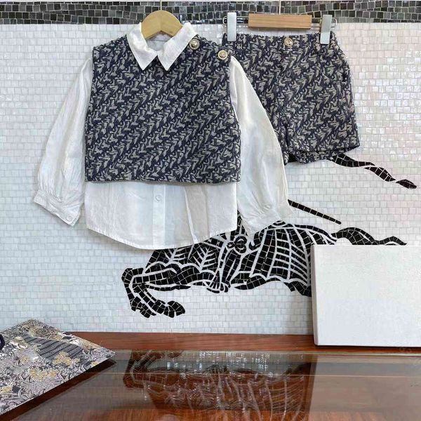 

fashion fall desinger sets baby clothes grils vest+shirt+shorts set three 3dlogo printing long sleeve cotton shirt, White