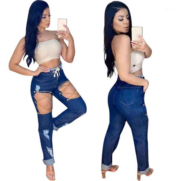 

women's jeans wuhe cowboy trousers hollow out high waist pockets drawstring lace up bandage bag hip slim sports casual party streetwear, Blue