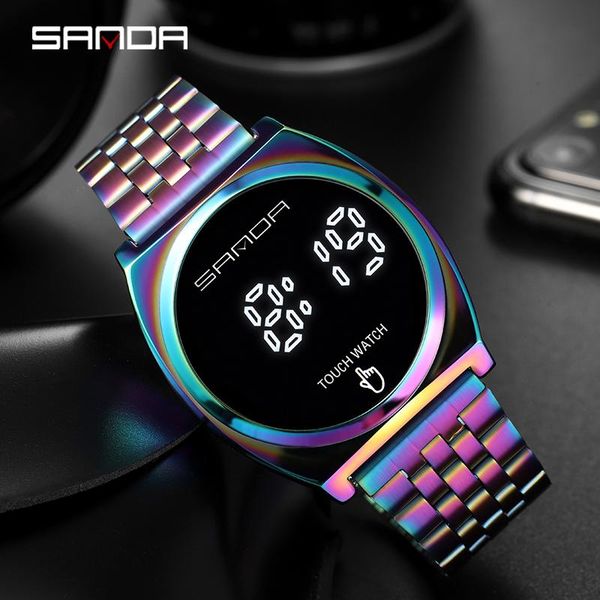 

wristwatches sanda brand magic color stainless steel men's watch led fashion touch screen electronic 30m waterproof sports clock, Slivery;brown