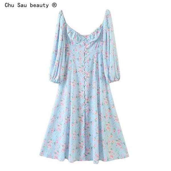 

autumn vintage girl style slim chiffon square collar puff sleeve waist buttoned floral print midi dresses for woman 210508, Black;gray