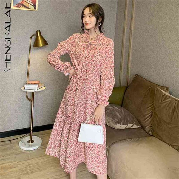 

temperament floral dress women's spring stand collar lace up waist printed long sleeve maxi dresses 5a1042 210427, Black;gray