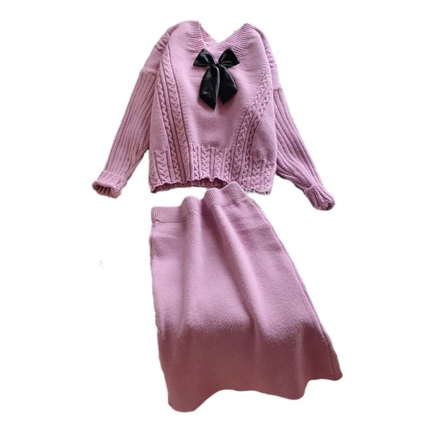 

autumn winter women 2 piece sweater suit knit pullover and skirts bow tied fashion pull jumpers sueter mujer 210430, Black;white