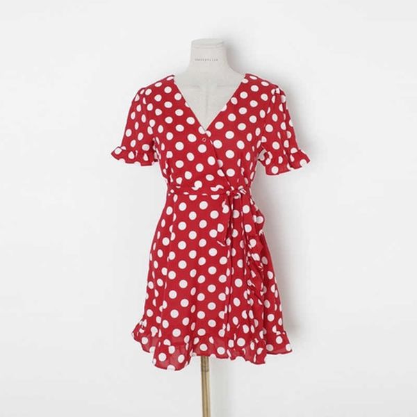 Talvez U Red Polka Dot Ruffle V Neck Imprimir Manga Curta Envoltório Cross Lace Up Uma linha Curto Dress Mini Vestido Vintage D0759 210529