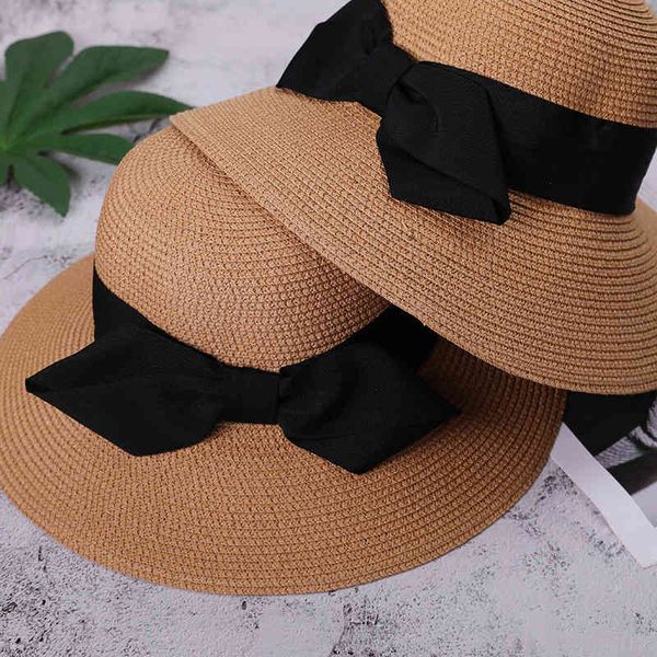 

dongdamen women's korean hat sunshade sun li same straw beach flanging black bow, Blue;gray
