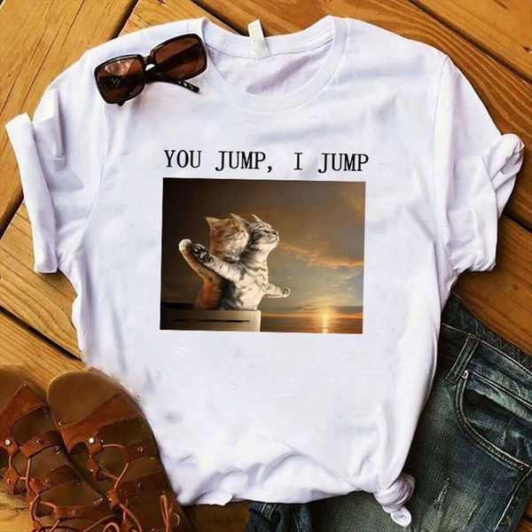 

you jump i cat women t shirt printed short sleeve tee female clothes graphic, White
