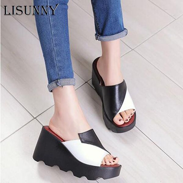 

summer wedge slippers platform high heels women slipper ladies outside shoes genuine lea flip flop sandals, Black