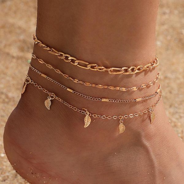 

anklets vintage antique gold color anklet women 4 layers leaf twisted bracelet charm bohemian ankle boho foot jewelry, Red;blue