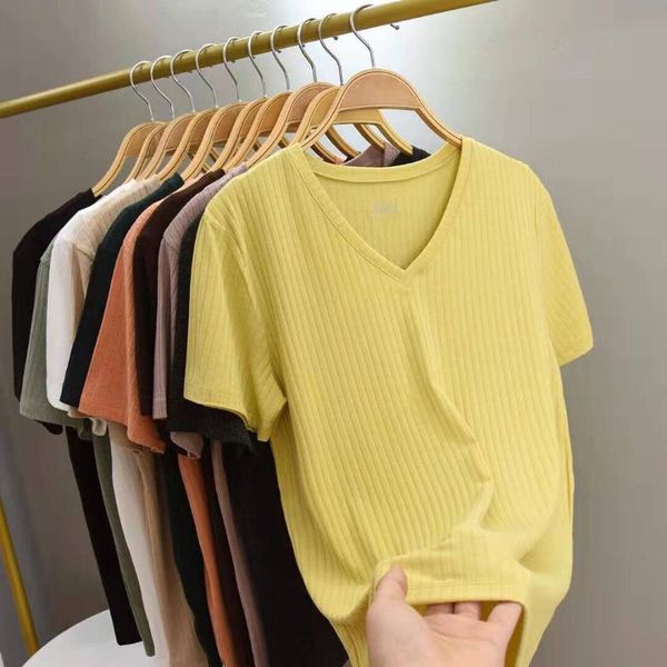 

women's t-shirt 2021 summer women shirts ribbed t-shirts v-neck fashion clothing, White