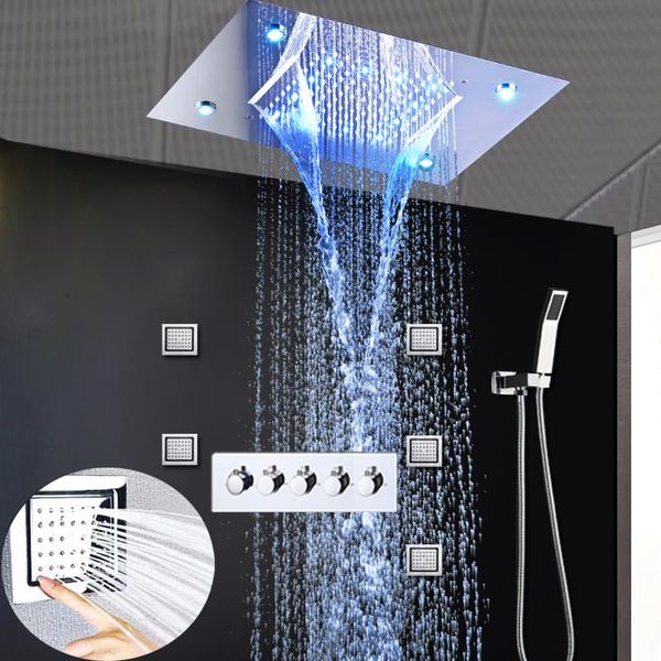 

modern ceiling concealed electric led rainfall shower head waterfall massage thermostatic system set body jets spray bathroom sets