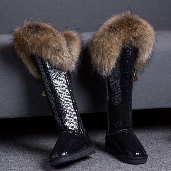 

women's winter snow warm fur lining real fur trim suede leather knee high boots thick 12colors flats shoes new a1315, Black