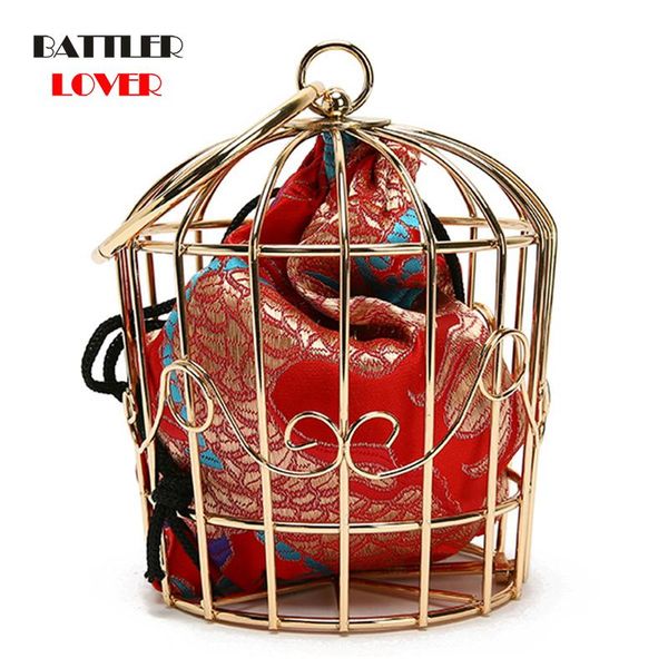 

evening bags women's birdcage bag clutch metal frame embroidery bucket bird cage mini totes ladies purses female gold tassel handbags