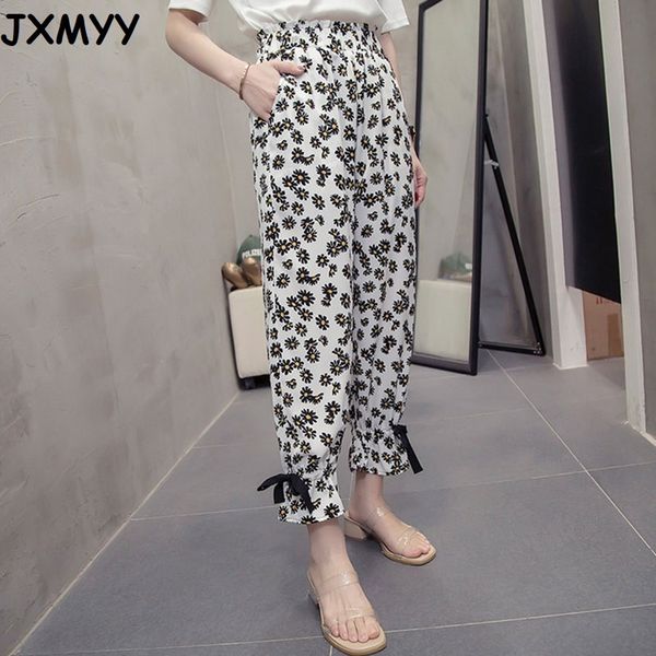 

spring and autumn new 9-point pants women's elastic waist chiffon straight trousers youth fashion printing bow trousers 210412, Black;white