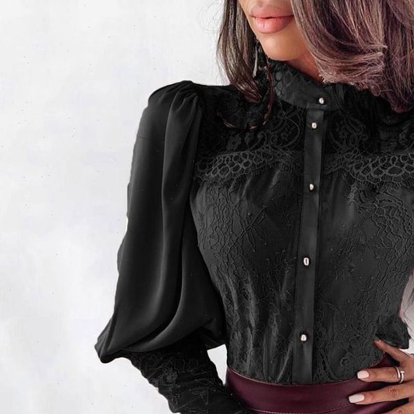 

women shirt feitong blouse ladies fashion gothic shirts lace long sleeve stand collar trumpet mujer de moda, White