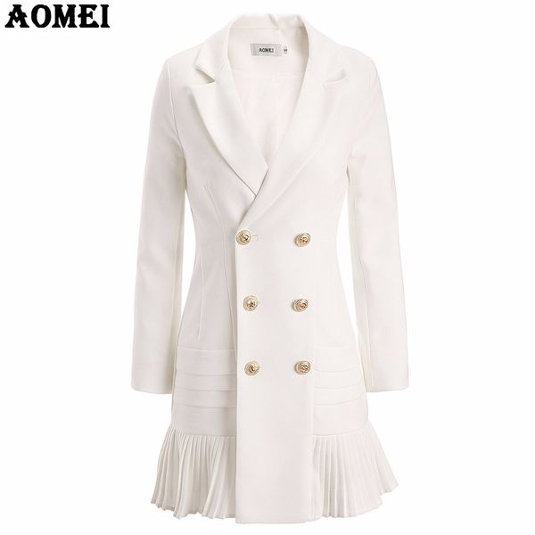Mode Anzug Frauen Blazer Arbeitskleidung Weiß mit Rüschen Büro Damen Lange Blaser Kleidung Herbst Golden Button Frühling Winter Top 210416