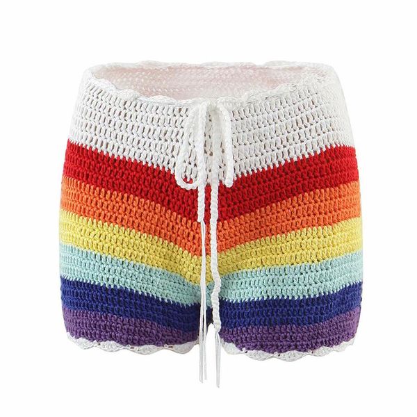 

women's shorts yenkye summer beach wear boho rainbow knit women drawstring waist casual holiday short feminino, White;black