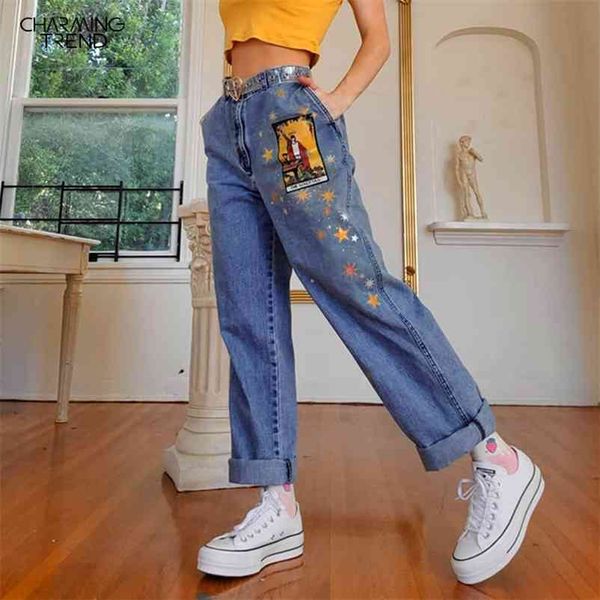 Womens jeans estrela desenhos animados padrão impresso outono inverno denim calças apto jovem vintage bonito feminino calça azul 210629
