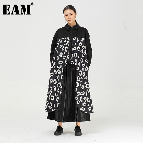 

[eam] women irregular back long leopard dress lapel long sleeve loose fit fashion spring autumn 1dd2994 21512, Black;gray