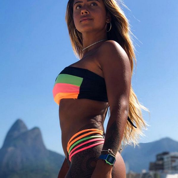 

2021women swimsuit bikini set new arrival plus size women bandage bathing suit female swimwear bikini sets striped swim beach wear, White;black