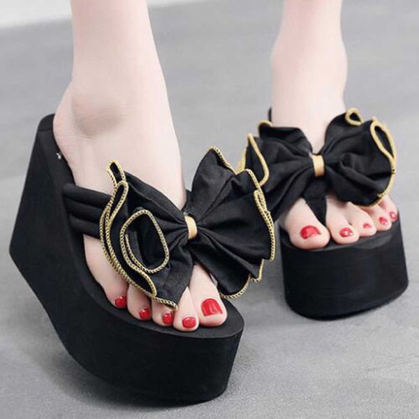 

fashion women bow summer sandals slipper indoor outdoor flip-flops leisure platform wedge beach shoes female women sh294 210625, Black