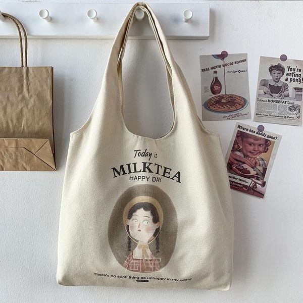 

evening bags w&g 2021 illustration single shoulder canvas bag female large capacity korean style ins student school summer