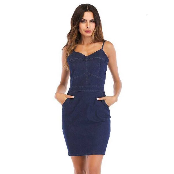 

luxury evening party dresses summer v-neck splicing sling women's denim, Black