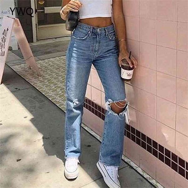 Jeans in vita alta per le donne blu dritto strappato pantaloni a figura intera ginocchio foro mamma larga gamba streetwear allentato pantaloni 210720