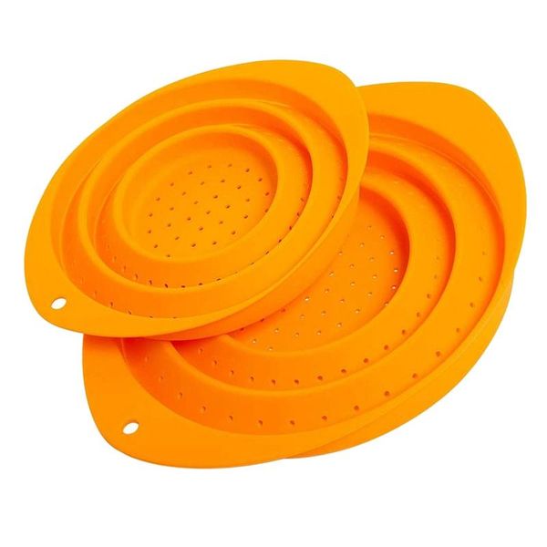

storage baskets 2 pcs collapsible colanders round silicone kitchen strainer, easy for draining vegetable and fruit,2 sizes (orange)