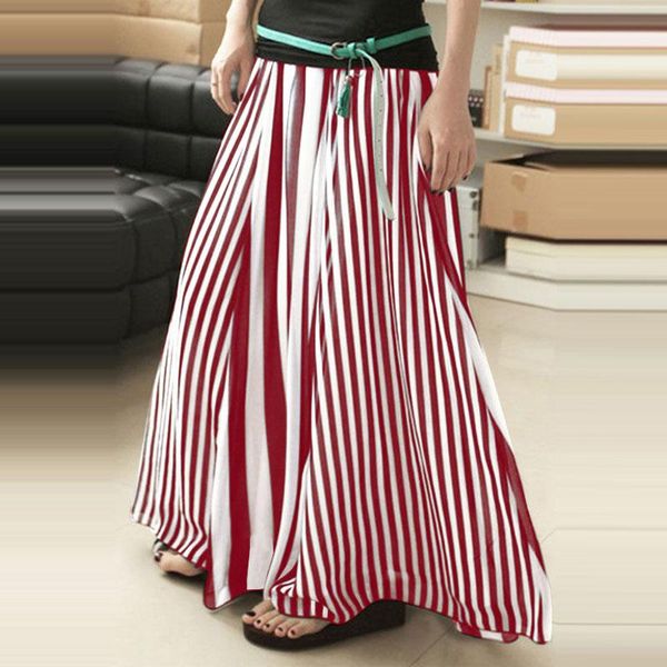

skirts 2022 womens print sundress elegant striped maxi casual elastic waist long vestidos female beach robe faldas saia, Black