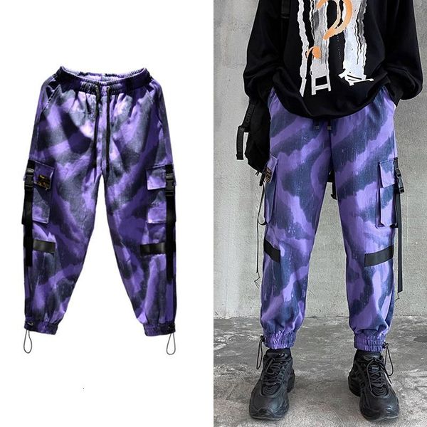 

men's pants streetwear multi pockets cargo joggers korean style ribbon harajuku track trouser hip hop printed cotton 6nkr, Black