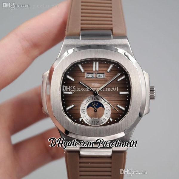 2022 5726 Годовой календарь Луна фазы автоматические мужские часы стальные корпус коричневый текстурированный циферблат маркеры резиновые ремень 6 стилей часов PURETIME01 E18RB-I9