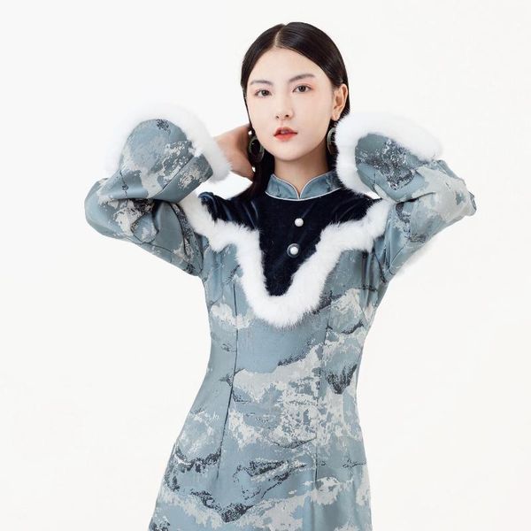 

cheongsam chinese style long autumn winter 2021 young girl improved dress silver snow ethnic clothing, Red