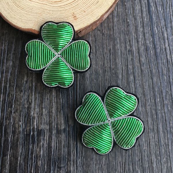 

french jewelry hand - embroidered india indian silk brooch natural plant clover design, Gray