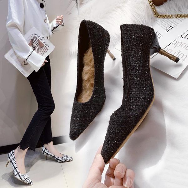 

dress shoes plus velvet high heels spring korean wild pointed thin single fashion women's evening pumps 6.5 cm, Black