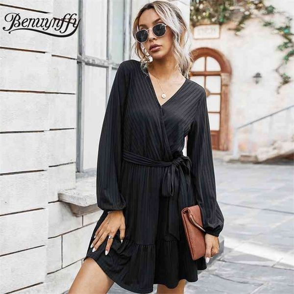 

ruffle black surplice neck belted dress women autumn winter long sleeve elegant office lady slim a-line mini 210510, Black;gray