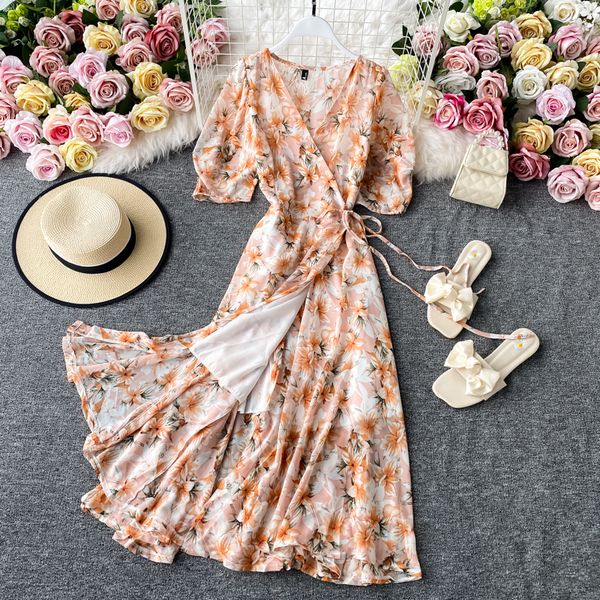 

bohemian floral chiffon dress women summer bohemian flower print holiday beach midi dresses elegant vestido 2021 new robe mujer, Black;gray