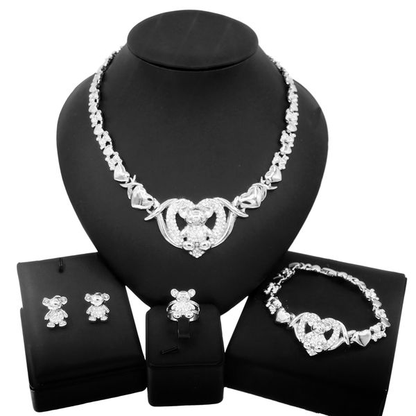 

yulaili big heart teddy bear i love you xo silver necklace jewelry sets hug kiss fashion costume imitation bridal beautiful and noble jewell, Black