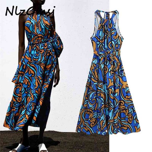 

dres halter midi vintage print sleeveless long es woman belt ruffle beach 05 210628, Black;gray