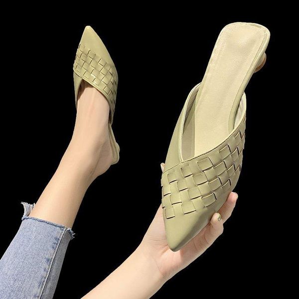 

slippers shoes woman 2021 female cover toe low luxury slides pointed designer basic rubber rome fabric pu hoof heels, Black