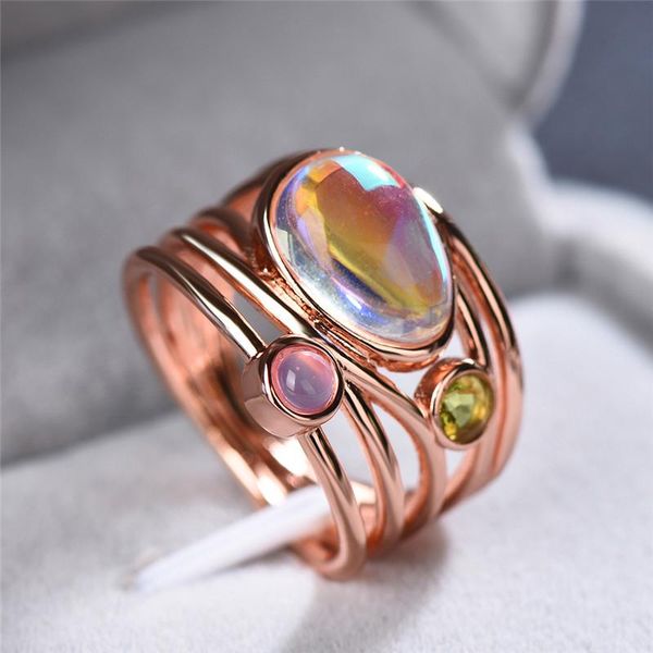 

wedding rings crystal female big moonstone ring fashion rose gold color bands jewelry promise love engagement for women, Slivery;golden