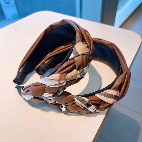 

barrettes hairpin autumn and winter new ~ ins korean girls pu leather cross braid versatile headband jewelry female, Golden;silver