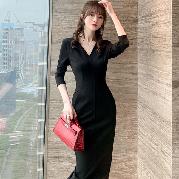 

bottoming black dress looks thin and office lady winter knee-length solid 2021 autumn casual dresses, Black;gray
